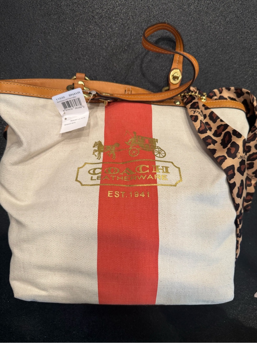 Coach Canvas Tote in Cream with Red Center Stripe